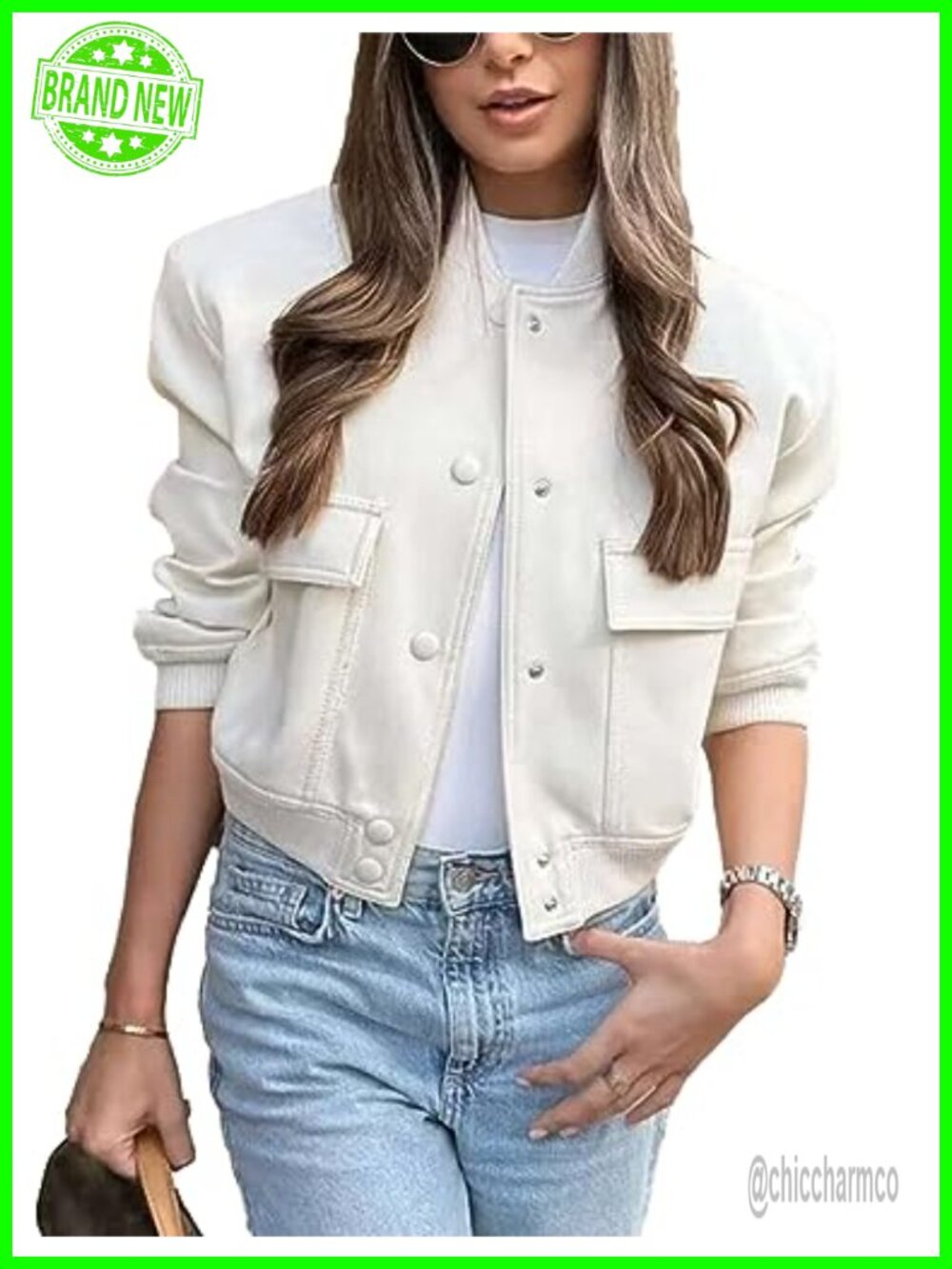 Womens Cropped Bomber Jacket Button Down Varsity Shacket Long Sleeve